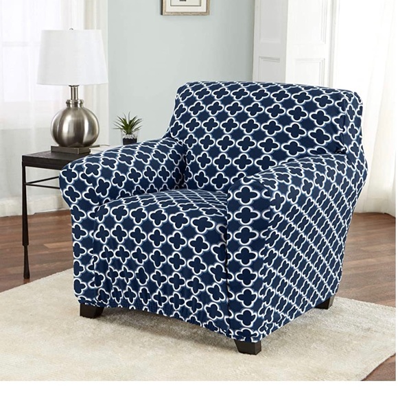 Great Bay Home Printed Twill Arm Chair Slipcover. One Piece Navy-New - Picture 5 of 7
